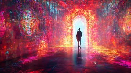 A figure walking through a glowing doorway into an abstract world filled with patterns and light