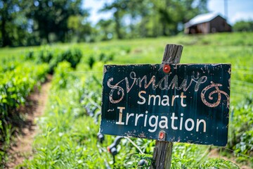 A charming sign displaying "Smart Irrigation" in playful script font, positioned in a field showcasing advanced irrigation technology.