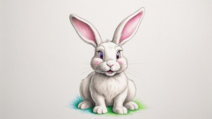 Obraz premium Illustration of a cute white bunny with big ears sitting on a green patch