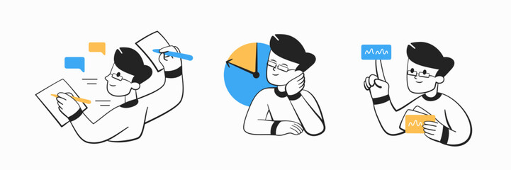 Set of icons about management, solving multiple problems, waiting, pay attention.