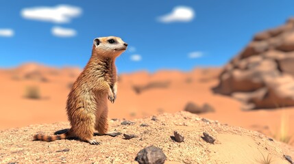 Fototapeta premium Meerkat standing on a rock in a desert environment, blue sky and clouds in background.