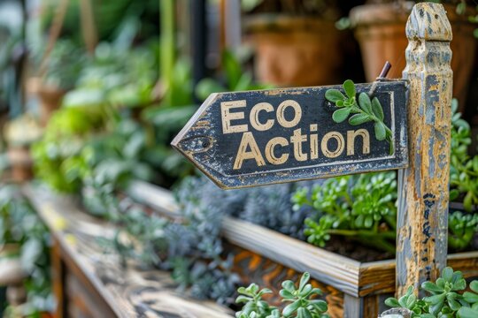 A charming sign saying "Eco Action" in whimsical script font, located at an environmental advocacy group, promoting pollution reduction efforts 