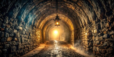 Naklejka premium A dimly lit stone tunnel with a solitary hanging lantern illuminating a hazy path leading towards an unseen destination.