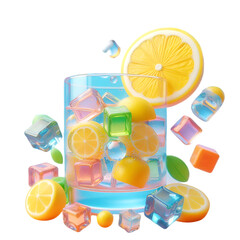 A clear glass filled with refreshing lemon slices and ice cubes, creating a vibrant and cool beverage appearance.
