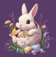 Cute rabbit peeking from a colorful egg surrounded by spring flowers in a vibrant setting