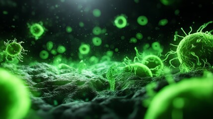 Microscopic view of green bacteria or viruses on dark background.