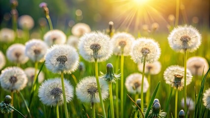 Obraz premium A field of white dandelions bathed in the golden light of the setting sun, with their delicate seed heads catching the rays like tiny, shimmering stars.