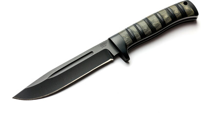 A black, fixed blade knife with a dark grey handle on a white background.