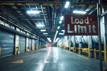 A clear sign stating "Load Limit" positioned at loading docks to inform about weight restrictions for vehicles and cargo 