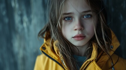 A young girl with flowing hair gazes thoughtfully, dressed in a bright coat, against a somber backdrop on a rainy day