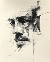 side profile of a man fragmented by linear chaos, showcasing a blend of realism and abstract art