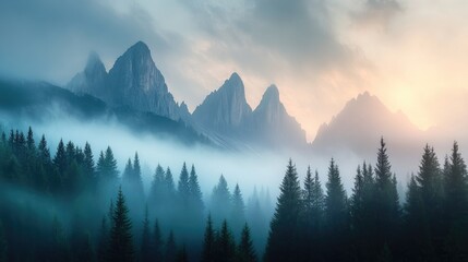 Obraz premium A serene misty mountain range at sunrise, with soft morning light glowing through the fog, creating a peaceful, untouched natural scene
