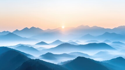 Fototapeta premium A serene view of mountains covered in mist, with soft light breaking through at sunrise, symbolizing the tranquility of untouched nature