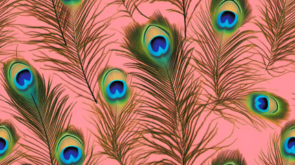 Obraz premium A close-up shot of several peacock feathers arranged on a pink background.