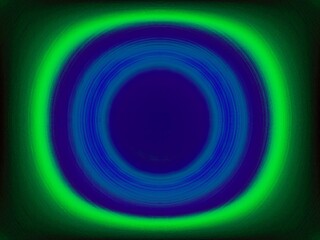 Digital engineering: hypnotic concentric circles in blue and green, radiating out from a dark center, Abstract composition.