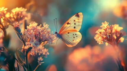 Obraz premium Golden Butterfly Perched on Delicate Pink Flowers