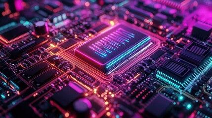 Fototapeta premium Neon Circuit City: A Digital Landscape in Twilight Hues
