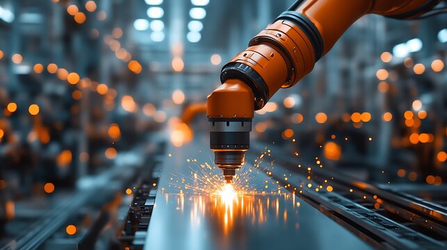 a robotic arm welding metal sheets in an ultra-modern factory environment.