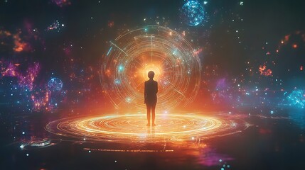 A peaceful figure standing in a glowing circle surrounded by cosmic elements and symbols