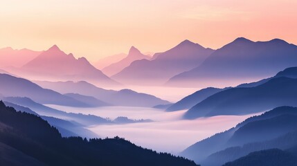 Obraz premium A tranquil view of misty mountains bathed in soft morning light, with layers of fog drifting between the peaks, creating a peaceful and serene landscape