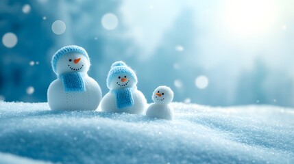 Three Snowmen Wearing Blue Hats and Scarves in a Snowy Winter Scene