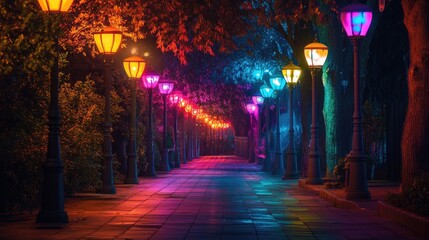 Bright, multicolored streetlights glowing along a nighttime path, casting rich hues and creating a magical, exciting atmosphere