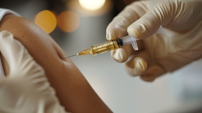 A healthcare provider carefully injects a vaccine into the upper arm of a patient, highlighting an important public health activity in a clinical environment