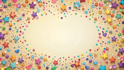 A festive background featuring a sparkling, golden surface adorned with vibrant stars and hearts, creating a celebratory and joyful atmosphere.