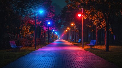 Colorful streetlights casting vibrant hues along a city path at night, creating a visually stunning and dynamic atmosphere