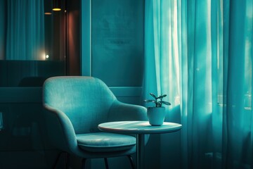 Cozy evening ambiance with elegant chair and potted plant by window