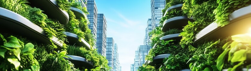 Fototapeta premium Modern urban landscape with vertical gardens and bright sunlight.