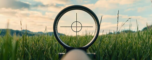 A clear view through a rifle scope focused on a grassy field under a blue sky, illustrating precision and outdoor sports.