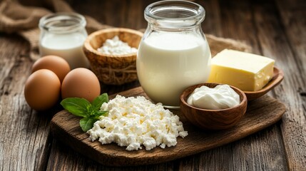 Fresh dairy products and eggs on rustic wooden background. Milk, cottage cheese, butter, and yogurt...