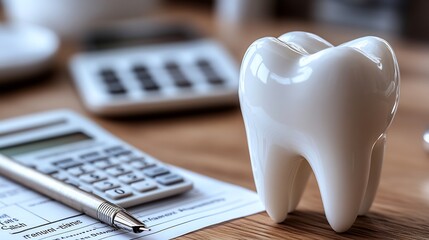 Dental insurance form sits next to a white tooth model pen and calculator in a clean flat design graphic emphasizing dental care and financial protection for oral health on Health Day