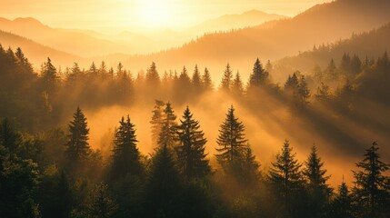 A breathtaking view of mist-covered mountains at sunrise, with soft morning light illuminating the untouched landscape in golden hues