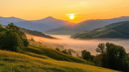 A calm mountain scene at sunrise, with mist rolling over the landscape and soft morning light casting a golden glow, symbolizing tranquility