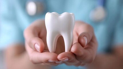 Dentist holds a white healthy tooth model with precision against a light blue backdrop Health dental care concept emphasized by dental tools and a clean modern clinic space in the background