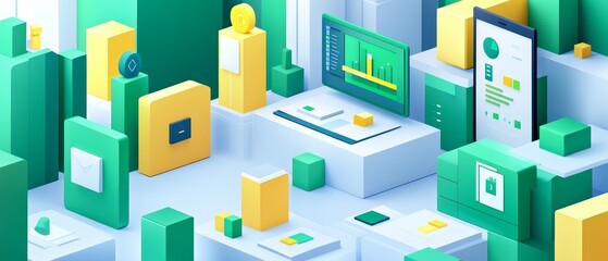 Obraz premium Exploring the digital landscape a modern visualization of data management and productivity elements in a vibrant 3d space