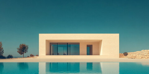 Modern minimalist house with a serene water feature and clear blue sky in the background
