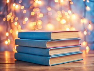 Urban Exploration Photography of a Blue Hardcover Book Titled 'Help' Above a Stack of Books on a Soft Pink Background, Capturing Colorful Aesthetic and Depth of Field