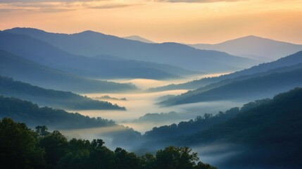 Fototapeta premium A misty mountain range bathed in soft morning light, with layers of fog creating a dreamy and peaceful atmosphere