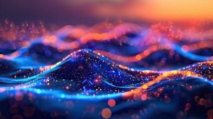digitally-created landscape of gently rolling hills is illuminated