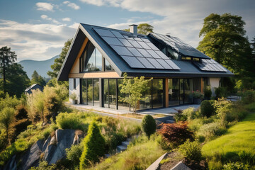 Obraz premium Specialist workers install solar panels, modern technologies in a private house. Renewable energy.