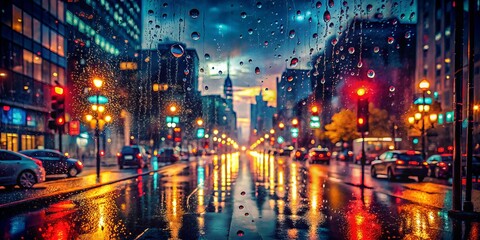 Obraz premium Urban Rainy Day Reflections in the Cityscape - Wet Streets, Raindrops on Windows, Moody Atmosphere, Dramatic Clouds, City Lights, Rainy Weather, Urban Life