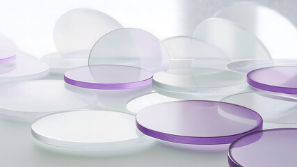 Obraz premium Elegant and modern visual representation of transparent purple lenses placed on white circular glass, arranged in a visually appealing composition.