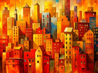Vibrant Cityscape Abstract Art with Warm Hues - Dynamic Urban Landscape, Colorful Skyline, Modern Architecture, Artistic Composition, Warm Tones, Creative City View, Urban Abstract, Bright Colors