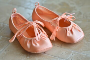 Peach colored ballet shoes with satin ribbon ties are waiting for their next performance