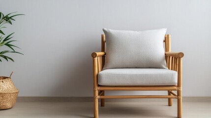 Cozy rattan chair with a soft cushion in a minimalist room, decorated with a potted plant, perfect for relaxation and stylish interior design.