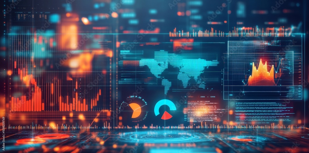 Poster futuristic digital interface with data visualizations and world map