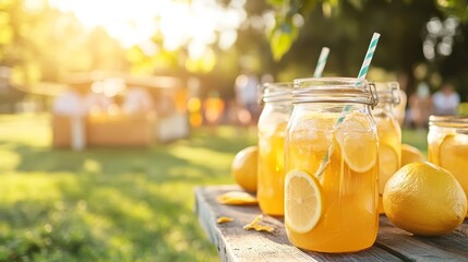 Refreshing summer lemonade, a jar filled with citrusy goodness on rustic picnic table